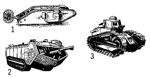 1. Первый опытный английский танк. 1916. 2. Французский танк «Сен-Шамон» 1916. 3. Первый советский танк «Борец за свободу товарищ Ленин». 1920.