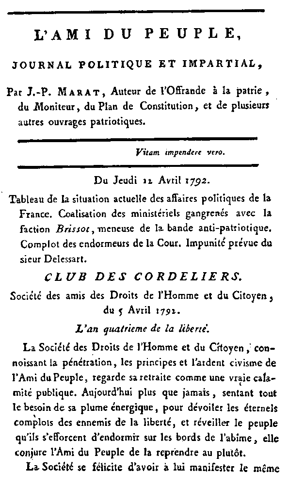 Газета «Друг народа» от 12 апреля 1792.
