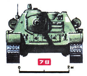Рис. 78. Советская самоходная установка СУ-85. Боевая масса - 30 т. Экипаж - 4 чел. Вооружение - одна 85-мм пушка. Толщина брони: лоб и борт корпуса - 45 мм. Двигатель - В-2-34, 500 л. с. Макс. скорость - 55 км/ч. Запас хода ПО шоссе - 300 км.
