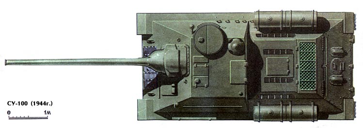 Рис. советской самоходной установки СУ-100 образца 1944г. - рис В. Иванова (ТМ №12,1970г.) Экипаж - 4 человека, Боевой вес - 31,6 т, Длина (с пушкой) - 9,45 м, Длина корпуса - 6,1 м, Ширина - 3,00 м, Высота - 2.245 м, Вооружение - одна 100-мм пушка, Бронирование - лоб, борт и корма - 45 мм, дно - 20 мм, Двигатель <a href=