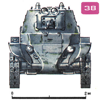 Рис. 38. Советский легкий танк БТ-7. Боевая масса - 13,8 т. Экипаж - 3 чел. Вооружение - одна 45-мм пушка образца 1932 года, один-два 7,62-мм пулемета. Толщина брони: лоб корпуса - 20 мм, борт - 13 мм, башня - 15 мм. Двигатель - бензиновый М17Т, 400 л.с. Скорость по шоссе - 52-73 км/ч. Запас хода по шоссе - 350-500 км (с дополнительными баками).
