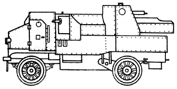 Бронеавтомобиль «Путилов-Гарфорд», 1914 г. Боевая масса — 8,4 т, экипаж — 8 человек, габариты — 5700Х2300Х2800 мм, двигатель — бензиновый, четырехцилиндровый, мощностью 35 л. с., максимальная скорость — 20 км/ч, запас хода — 120 км, колесная формула — 4Х2.
