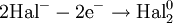 2{\mbox {Hal}}^{-} - 2{\mbox {e}}^{-} \rightarrow {\mbox  {Hal}}_{2}^{0} 