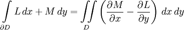 \int\limits_{\partial D} L\, dx + M\, dy = \iint\limits_{D} \left(\frac{\partial M}{\partial x} - \frac{\partial L}{\partial y}\right)\, dx\,dy