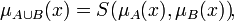 \mu_{A\cup B}(x) = S(\mu_A(x), \mu_B(x))\!,