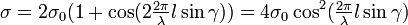 \sigma = 2\sigma_0(1+\cos(2\tfrac{2\pi}{\lambda}l\sin\gamma)) = 4\sigma_0\cos^2(\tfrac{2\pi}{\lambda}l\sin\gamma)