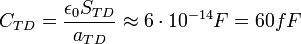 C_{TD} = \frac{\epsilon_0 S_{TD}}{a_{TD}} \approx 6\cdot 10^{-14}F = 60fF \ 