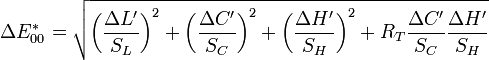 \Delta E_{00}^* = \sqrt{ \left(\frac{\Delta L'}{S_L}\right)^2 + \left(\frac{\Delta C'}{S_C}\right)^2 + \left(\frac{\Delta H'}{S_H}\right)^2 + R_T \frac{\Delta C'}{S_C}\frac{\Delta H'}{S_H} }