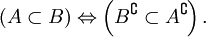 (A \subset B) \Leftrightarrow \left(B^{\complement} \subset A^{\complement}\right).