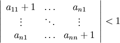 \left|\begin{array}{ccc}a_{11}+1 & \ldots & a_{n1} \\ \vdots & \ddots & \vdots\\ a_{n1} & \ldots & a_{nn}+1 \end{array} \right|<1
