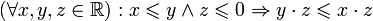 ( \forall x, y, z \in \mathbb{R} ): x \leqslant y \and z \leqslant 0 \Rightarrow y \cdot z \leqslant x \cdot z