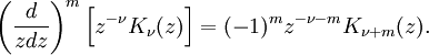 ~\left(\frac{d}{zdz}\right)^m\Bigl[z^{-\nu} K_\nu(z) \Bigr]=(-1)^m z^{-\nu-m} K_{\nu+m}(z).