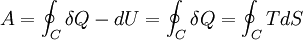 \,\!A = \oint_{C} \delta Q - dU = \oint_{C} \delta Q = \oint_{C} T dS