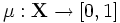 \mu : \mathbf{X} \to [0,1]