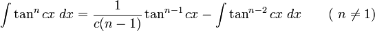 \int\tan^n cx\;dx = \frac{1}{c(n-1)}\tan^{n-1} cx-\int\tan^{n-2} cx\;dx \qquad\mbox{( }n\neq 1\mbox{)}\,\!