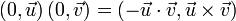 \left(0, \vec{u} \right)\left(0, \vec{v}\right)= \left( - \vec{u}\cdot\vec{v} , \vec{u}\times\vec{v}\right)