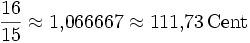 \frac{16}{15} \approx 1{,}066667 \approx 111{,}73\,\mathrm{Cent}