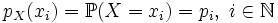 p_X(x_i) = \mathbb{P}(X=x_i) = p_i, \; i \in \mathbb{N}