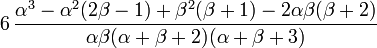 6\,\frac{\alpha^3-\alpha^2(2\beta-1)+\beta^2(\beta+1)-2\alpha\beta(\beta+2)}
{\alpha \beta (\alpha+\beta+2) (\alpha+\beta+3)}\!