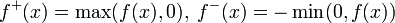 f^+(x) = \max(f(x),0),\; f^-(x) = - \min( 0, f(x))