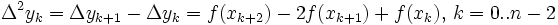\Delta^2y_k= \Delta y_{k+1} - \Delta y_k = f(x_{k+2}) - 2 f(x_{k+1}) + f(x_{k}), \, k=0..n-2
