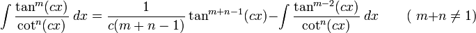 \int \frac{\tan^m(cx)}{\cot^n(cx)}\;dx = \frac{1}{c(m+n-1)}\tan^{m+n-1}(cx) - \int \frac{\tan^{m-2}(cx)}{\cot^n(cx)}\;dx\qquad\mbox{( }m + n \neq 1\mbox{)}\,\!