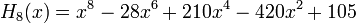 H_8(x)=x^8-28x^6+210x^4-420x^2+105\,