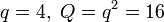 q=4,\;Q=q^2=16