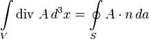 \int\limits_V \operatorname{div}~A\,d^3x=\oint\limits_S A \cdot n\,da 