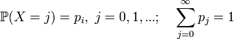 \mathbb{P}(X=j) = p_i,\; j=0,1,...;\quad \sum\limits_{j=0}^{\infty} p_j = 1