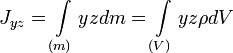J_{yz}=\int\limits_{(m)} yzdm=\int\limits_{(V)} yz\rho dV\,\!