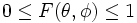 0 \le F(\theta, \phi) \le 1