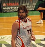 A basketball player, wearing a white jersey with the word «AKASVAYU» and the number 33 on the front, stands on a basketball court.