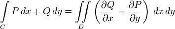 \int\limits_{C} P \,dx + Q \,dy = \iint\limits_{D} \left( \frac{\partial Q}{\partial x} - \frac{\partial P}{\partial y} \right) \,dx\,dy
