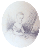 A half-length portrait sketch showing the Prince Imperial as a child in a gown with sash and holding the medal of the Order of the Southern Cross
