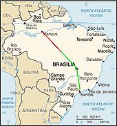 A map of Brazil with the approximate flight paths plotted on it in as red and green lines. The paths meet at the collision point, about half way between Brasilia and Manaus.