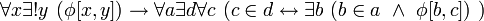~ \forall x \exist ! y \ (\phi[x,y]) \to \forall a \exist d \forall c \ (c \in d \leftrightarrow \exist b \ (b \in a \ \land \ \phi[b,c]) \ )