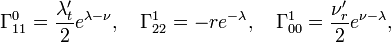 \Gamma^0_{1 1}=\frac{\lambda^\prime_t}{2}e^{\lambda-\nu},\quad\Gamma^1_{2 2}=-re^{-\lambda},\quad\Gamma^1_{0 0}=\frac{\nu^\prime_r}{2}e^{\nu-\lambda},