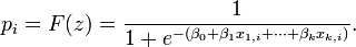 p_i =F(z)= \frac{1}{1+e^{-(\beta_0 + \beta_1 x_{1,i} + \cdots + \beta_k x_{k,i})}}. \,\!