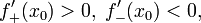 f'_+(x_0) > 0,\; f'_-(x_0) < 0,