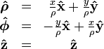 \begin{matrix}
    \boldsymbol{\hat\rho} &amp;amp; = &amp;amp;  \frac{x}{\rho}\mathbf{\hat x}+\frac{y}{\rho}\mathbf{\hat y} \\
    \boldsymbol{\hat\phi} &amp;amp; = &amp;amp; -\frac{y}{\rho}\mathbf{\hat x}+\frac{x}{\rho}\mathbf{\hat y} \\
    \mathbf{\hat z}       &amp;amp; = &amp;amp;  \mathbf{\hat z}
    \end{matrix}