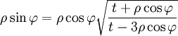  \rho \sin \varphi= \rho \cos \varphi \sqrt{ \frac{t + \rho \cos \varphi}{t - 3 \rho \cos \varphi}} 