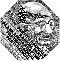 Портрет Махатмы Ганди и надпись "Радикальная партия" на 50 языках