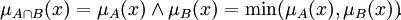 \mu_{A\cap B}(x) = \mu_A(x)\land \mu_B(x) = \min(\mu_A(x), \mu_B(x))\!.