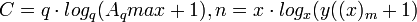 C=q \cdot log_q(A_qmax+1), n=x \cdot log_x(y((x)_m+1)\,