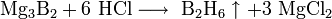 \mathrm{Mg_3B_2 + 6 \ HCl \longrightarrow \ B_2H_6 \uparrow + 3 \ MgCl_2}