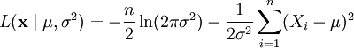 L(\mathbf{x} \mid\mu, \sigma^2) = - \frac{n}{2} \ln (2 \pi \sigma^2) - \frac{1}{2\sigma^2} \sum\limits_{i=1}^n (X_i - \mu)^2