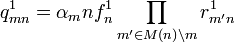 q_{mn}^1 = \alpha_mn f_n^1 \prod\limits_{m' \in M\left( n \right)\backslash m} {r_{m'n}^1 } 
