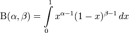 \mathrm{B}(\alpha,\beta) = \int\limits_0^1 x^{\alpha - 1} (1-x)^{\beta - 1}\, dx