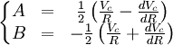 
\left\{
\begin{matrix}
A &amp;amp;=&amp;amp; \frac{1}{2} \left( \frac{V_c}{R} - \frac{dV_c}{dR} \right) \\
B &amp;amp;=&amp;amp; -\frac{1}{2} \left( \frac{V_c}{R} + \frac{dV_c}{dR} \right)
\end{matrix}
\right.
